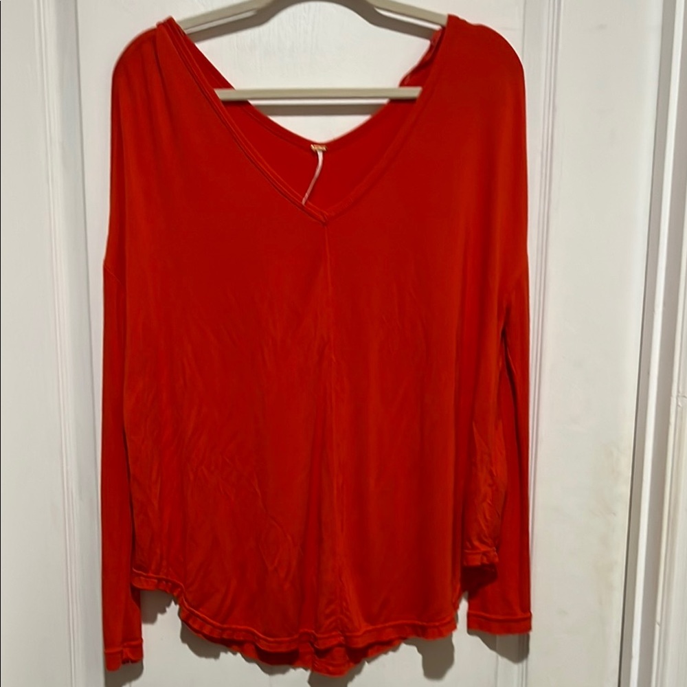 Free People Red Relaxed Long Sleeve Blouse